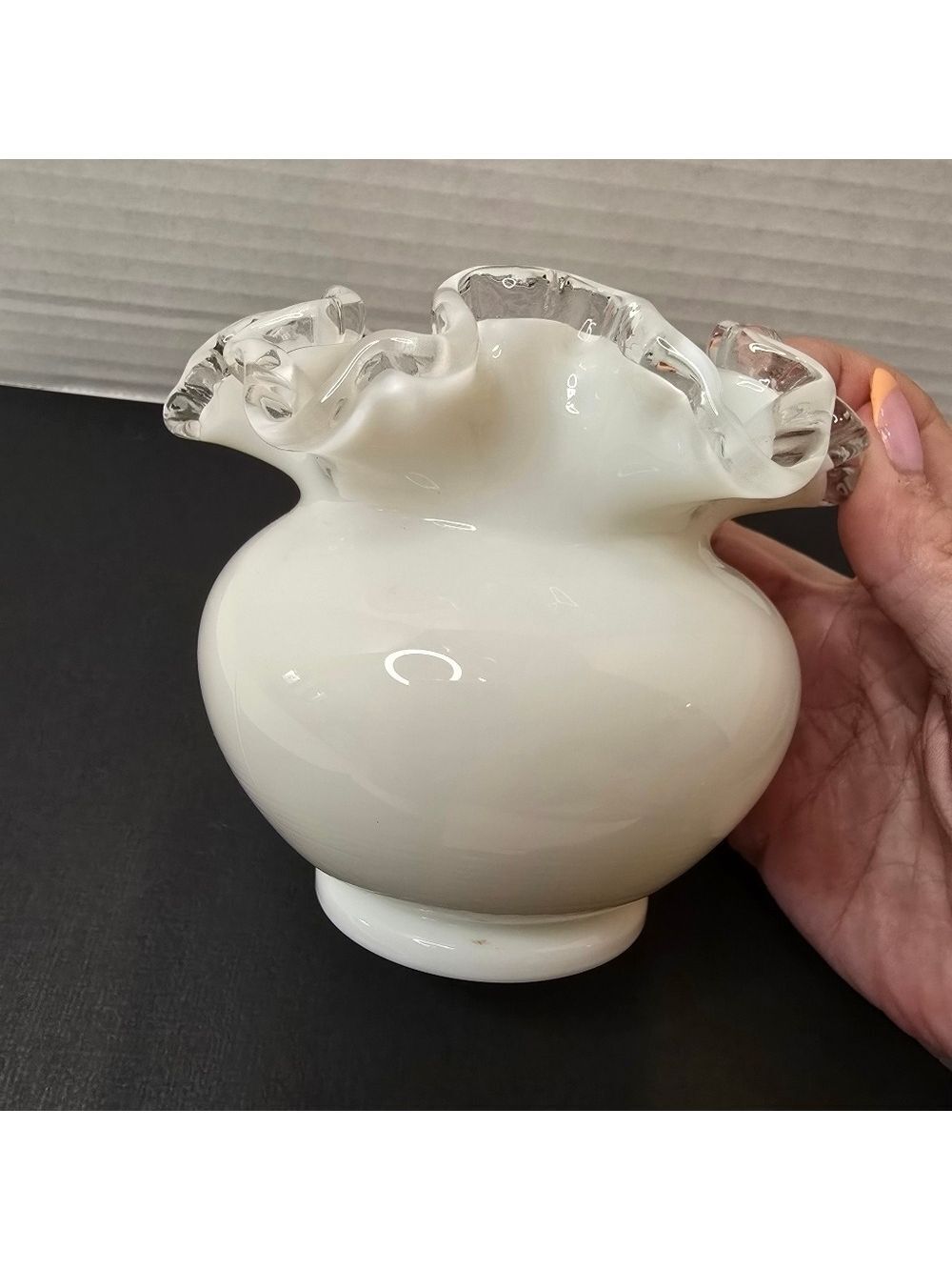 Vintage Fenton Silver Crest White Ruffled Glass Vase